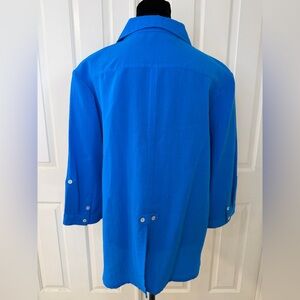 Fridaze Linen Button Top Shirt Blouse Women XL Bright Blue Hong Kong Split Hem